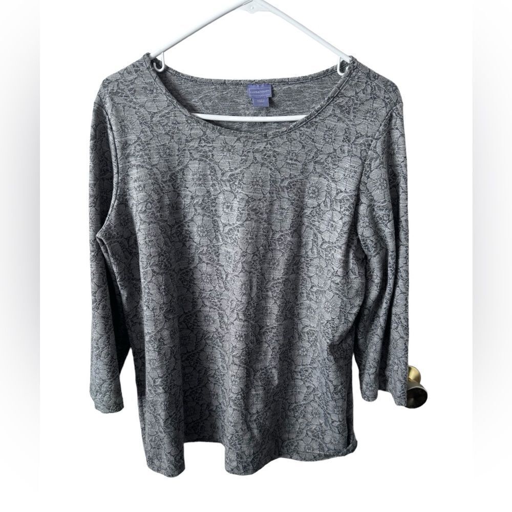 Laura Scott 3/4 Sleeve Printed Floral Gray Blouse Size Large